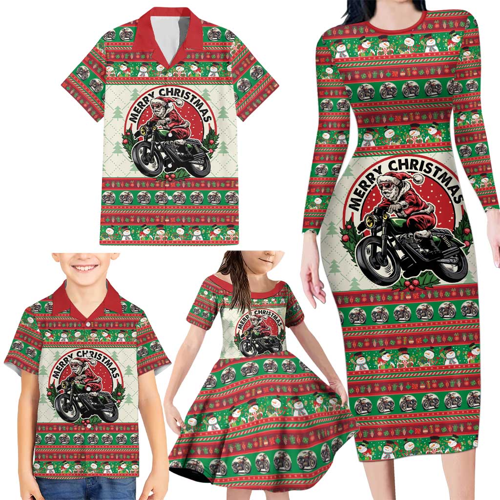 Biker Santa Motorcycle Christmas Family Matching Long Sleeve Bodycon Dress and Hawaiian Shirt Santa Claus On A Motorcycle - Wonder Print Shop