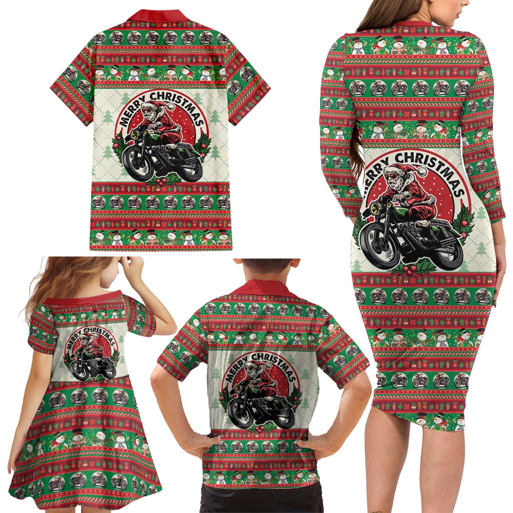 Biker Santa Motorcycle Christmas Family Matching Long Sleeve Bodycon Dress and Hawaiian Shirt Santa Claus On A Motorcycle - Wonder Print Shop