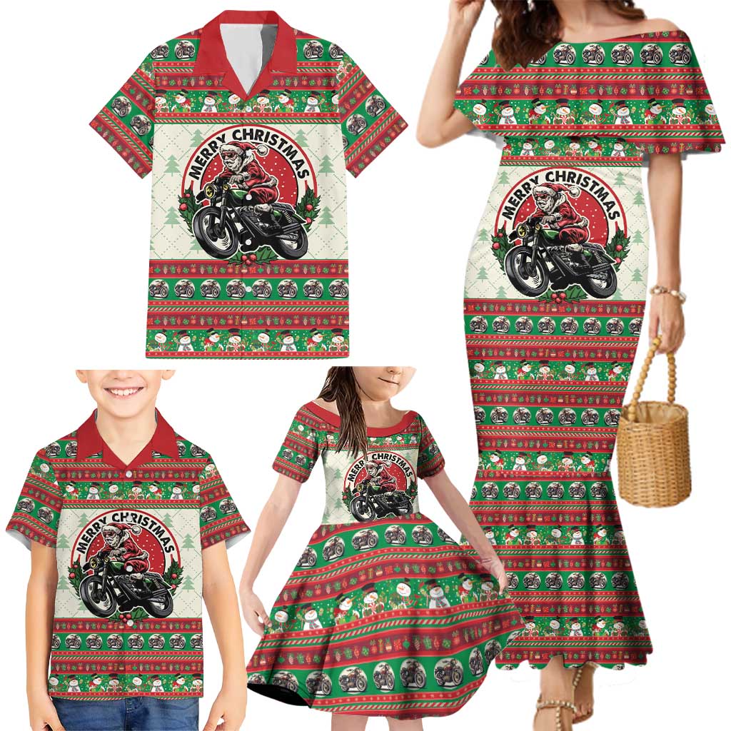 Biker Santa Motorcycle Christmas Family Matching Mermaid Dress and Hawaiian Shirt Santa Claus On A Motorcycle - Wonder Print Shop