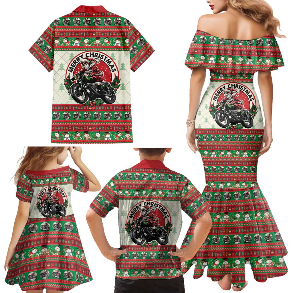 Biker Santa Motorcycle Christmas Family Matching Mermaid Dress and Hawaiian Shirt Santa Claus On A Motorcycle - Wonder Print Shop