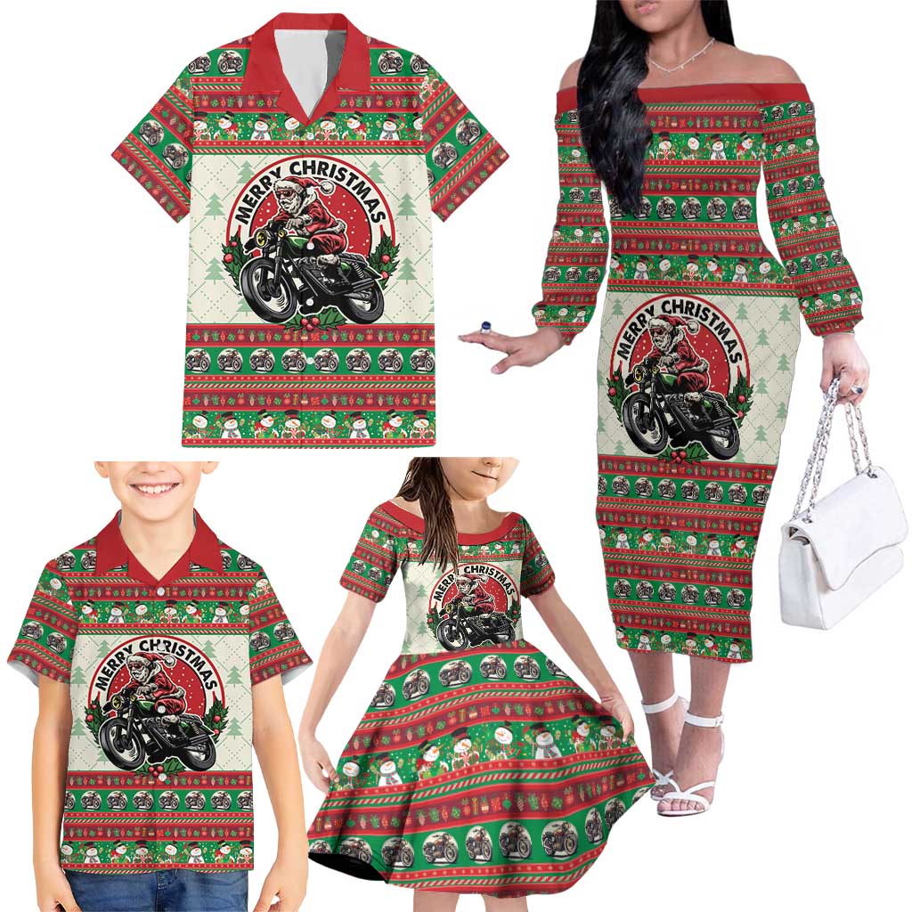 Biker Santa Motorcycle Christmas Family Matching Off The Shoulder Long Sleeve Dress and Hawaiian Shirt Santa Claus On A Motorcycle - Wonder Print Shop