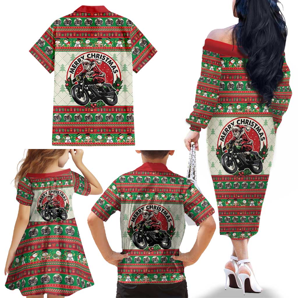 Biker Santa Motorcycle Christmas Family Matching Off The Shoulder Long Sleeve Dress and Hawaiian Shirt Santa Claus On A Motorcycle - Wonder Print Shop