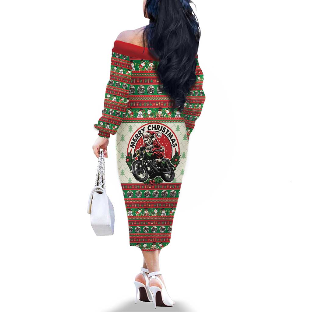 Biker Santa Motorcycle Christmas Family Matching Off The Shoulder Long Sleeve Dress and Hawaiian Shirt Santa Claus On A Motorcycle - Wonder Print Shop