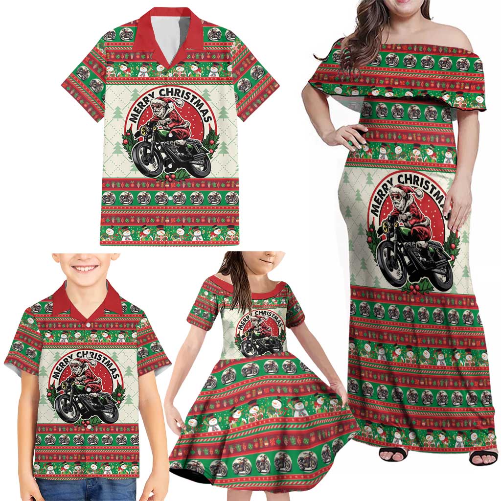 Biker Santa Motorcycle Christmas Family Matching Off Shoulder Maxi Dress and Hawaiian Shirt Santa Claus On A Motorcycle - Wonder Print Shop