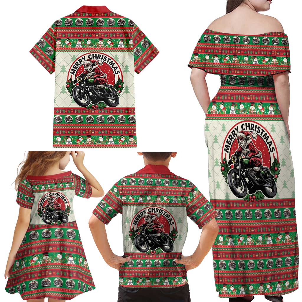 Biker Santa Motorcycle Christmas Family Matching Off Shoulder Maxi Dress and Hawaiian Shirt Santa Claus On A Motorcycle - Wonder Print Shop