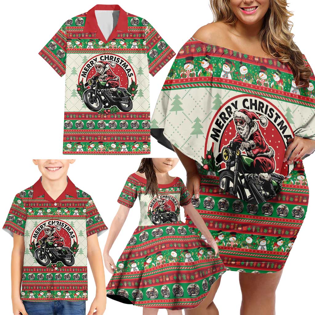 Biker Santa Motorcycle Christmas Family Matching Off Shoulder Short Dress and Hawaiian Shirt Santa Claus On A Motorcycle - Wonder Print Shop