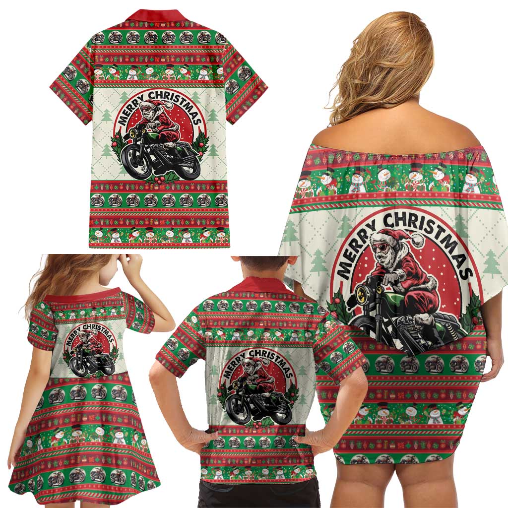 Biker Santa Motorcycle Christmas Family Matching Off Shoulder Short Dress and Hawaiian Shirt Santa Claus On A Motorcycle - Wonder Print Shop