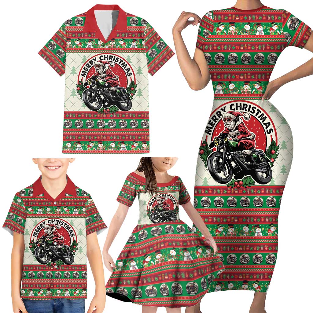 Biker Santa Motorcycle Christmas Family Matching Short Sleeve Bodycon Dress and Hawaiian Shirt Santa Claus On A Motorcycle - Wonder Print Shop