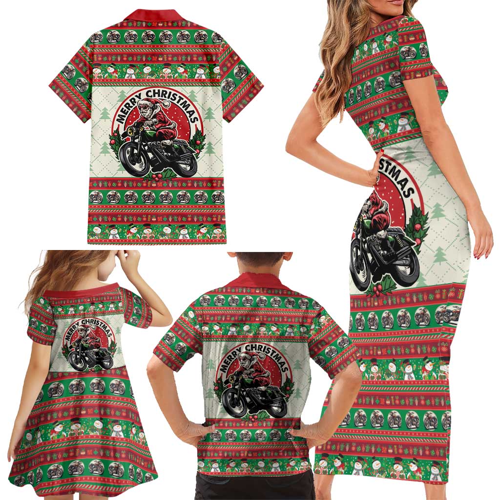Biker Santa Motorcycle Christmas Family Matching Short Sleeve Bodycon Dress and Hawaiian Shirt Santa Claus On A Motorcycle - Wonder Print Shop