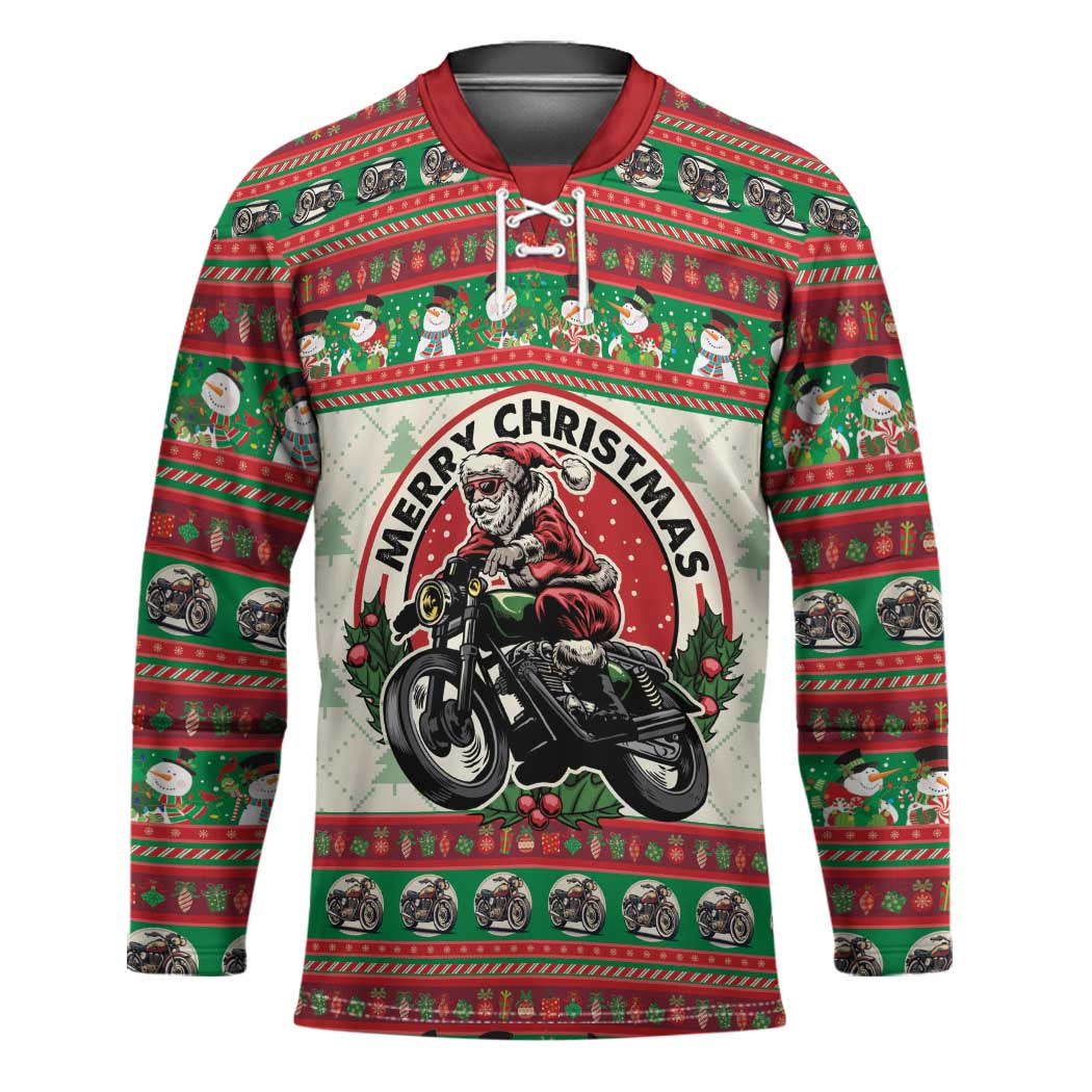 Biker Santa Motorcycle Christmas Hockey Jersey Santa Claus On A Motorcycle - Wonder Print Shop