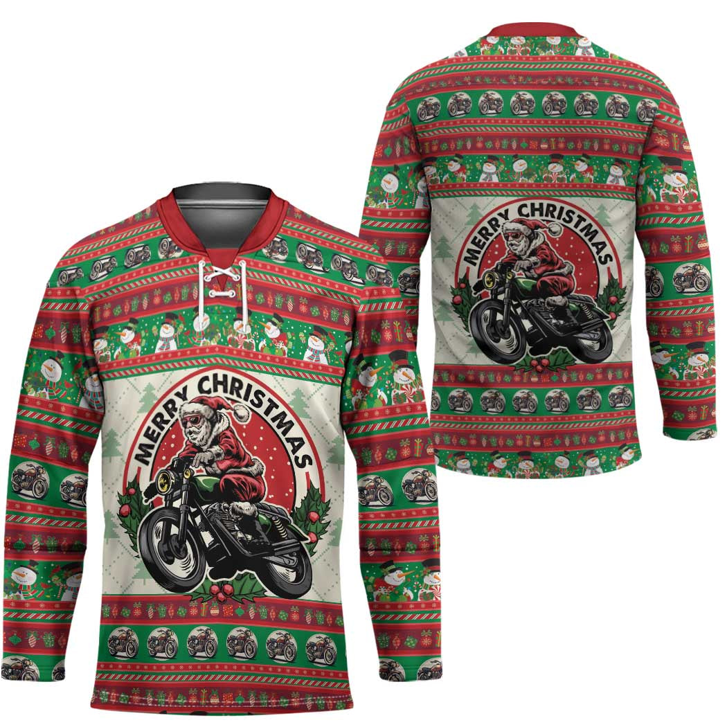 Biker Santa Motorcycle Christmas Hockey Jersey Santa Claus On A Motorcycle - Wonder Print Shop