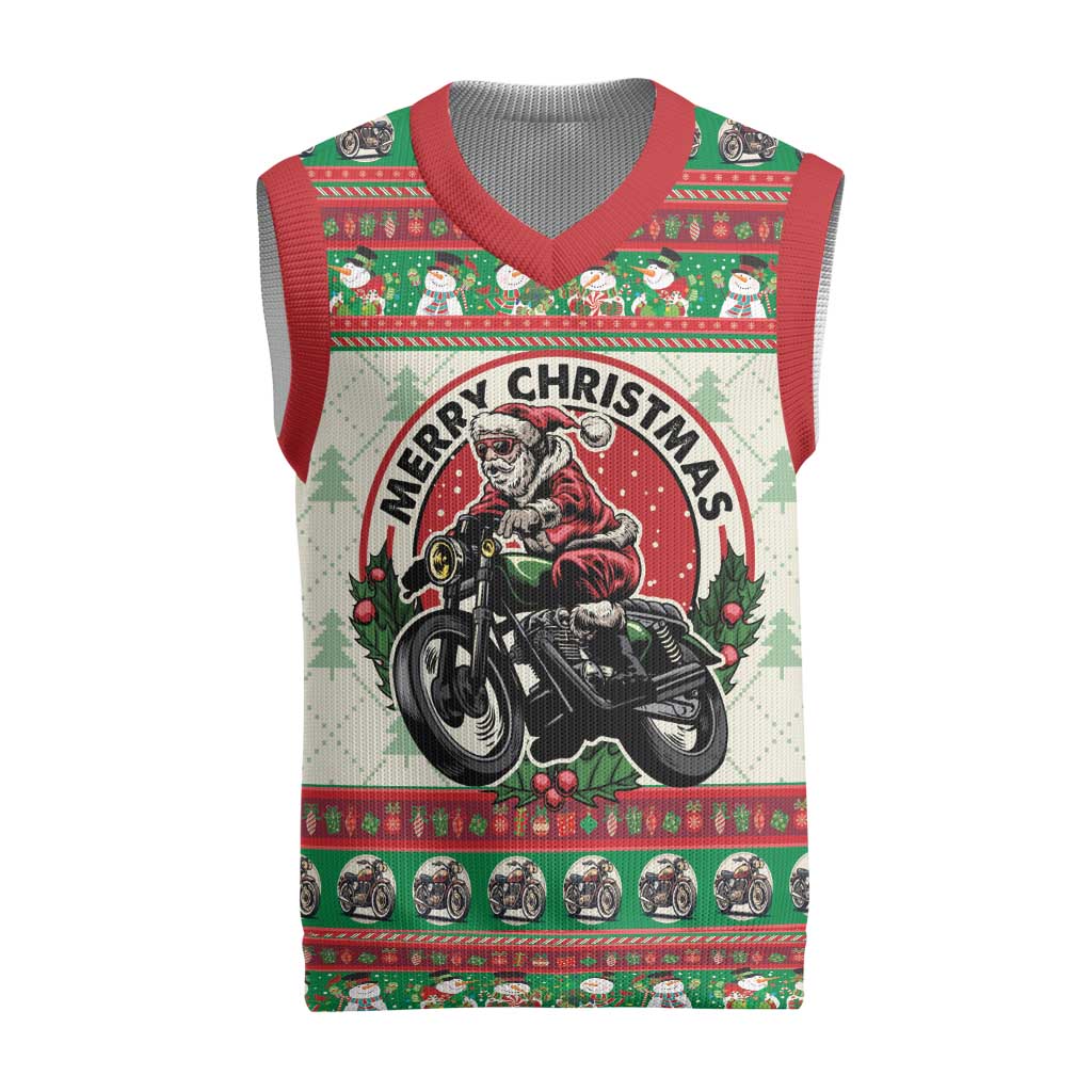 Biker Santa Motorcycle Christmas Knitted V-Neck Vest Santa Claus On A Motorcycle - Wonder Print Shop