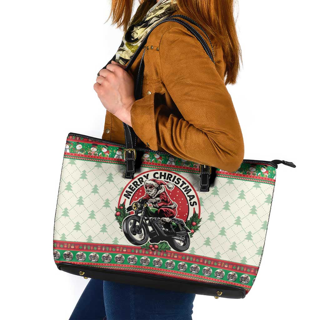 Biker Santa Motorcycle Christmas Leather Tote Bag Santa Claus On A Motorcycle - Wonder Print Shop