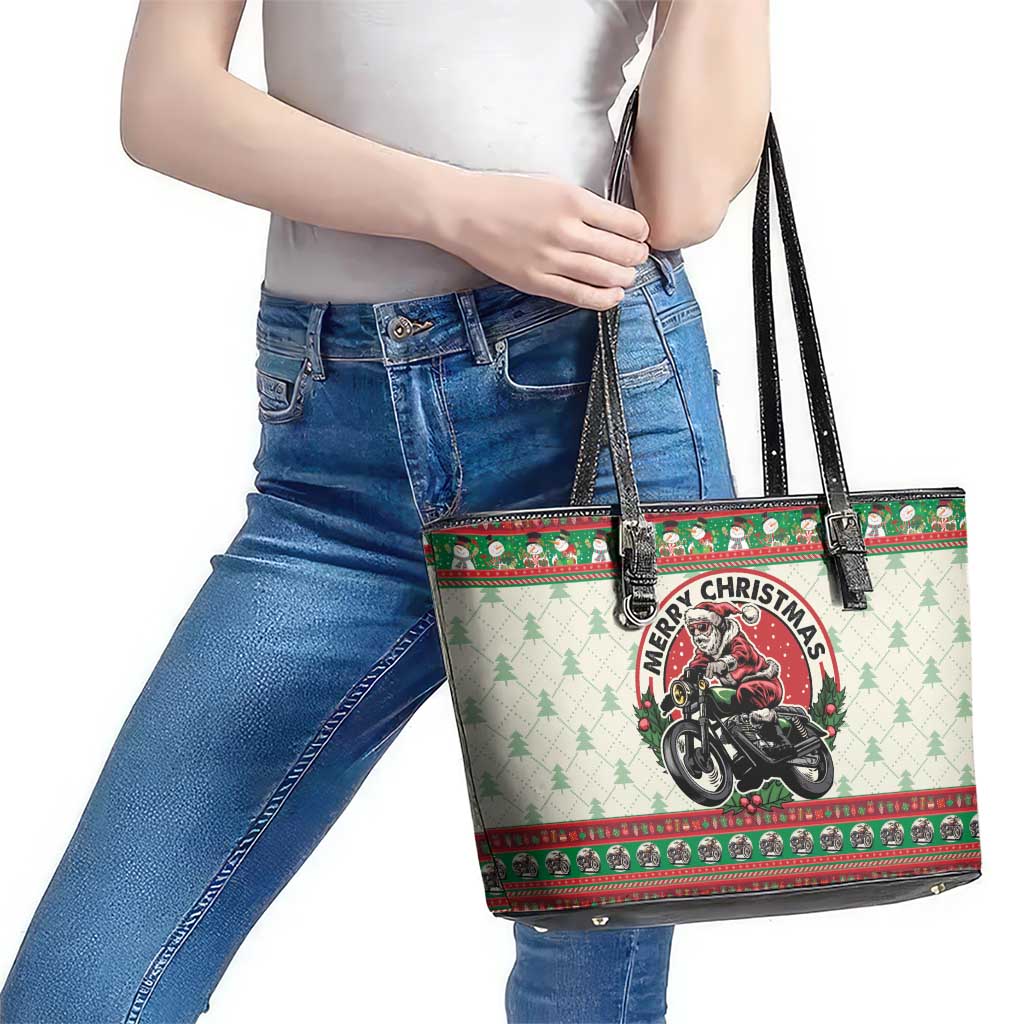 Biker Santa Motorcycle Christmas Leather Tote Bag Santa Claus On A Motorcycle - Wonder Print Shop