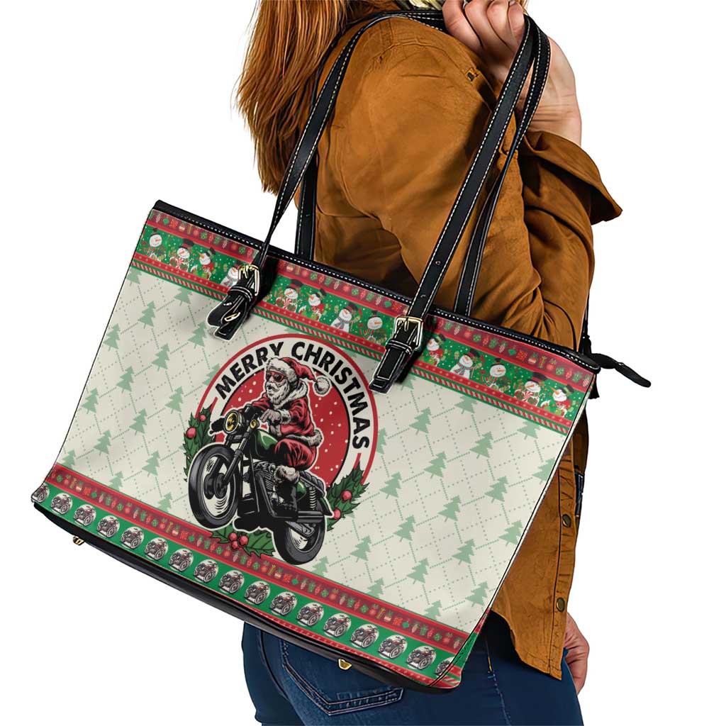 Biker Santa Motorcycle Christmas Leather Tote Bag Santa Claus On A Motorcycle - Wonder Print Shop