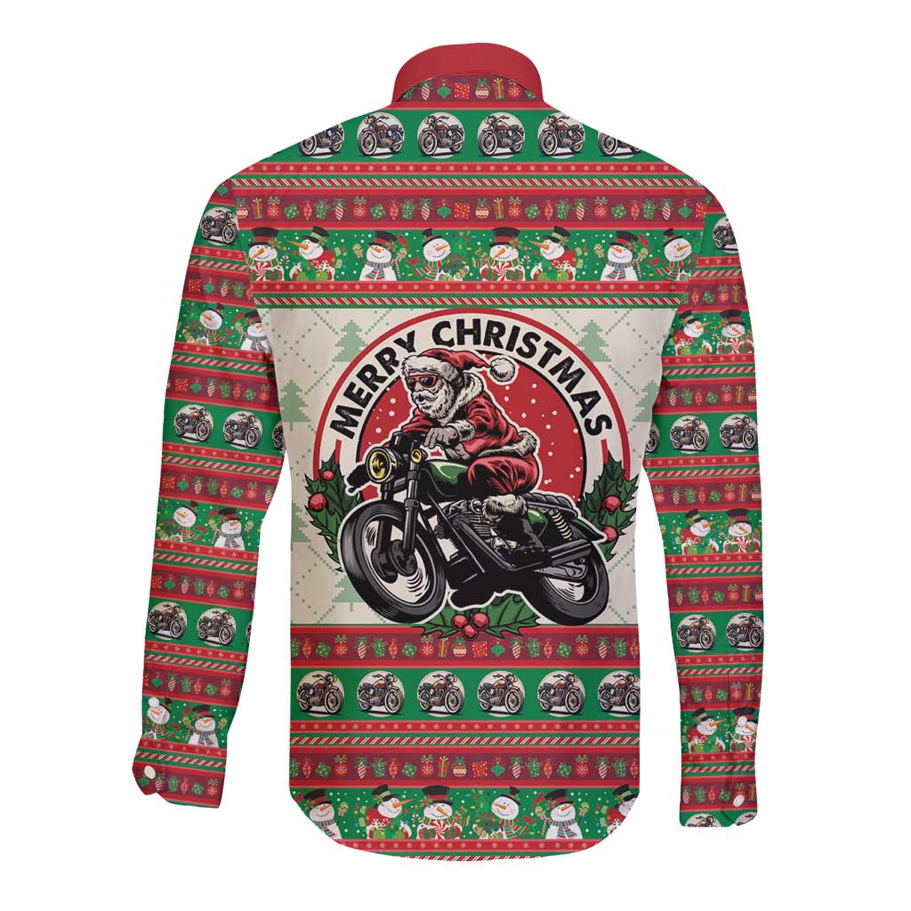 Biker Santa Motorcycle Christmas Long Sleeve Button Shirt Santa Claus On A Motorcycle - Wonder Print Shop