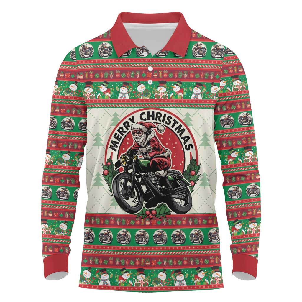 Biker Santa Motorcycle Christmas Long Sleeve Polo Shirt Santa Claus On A Motorcycle - Wonder Print Shop