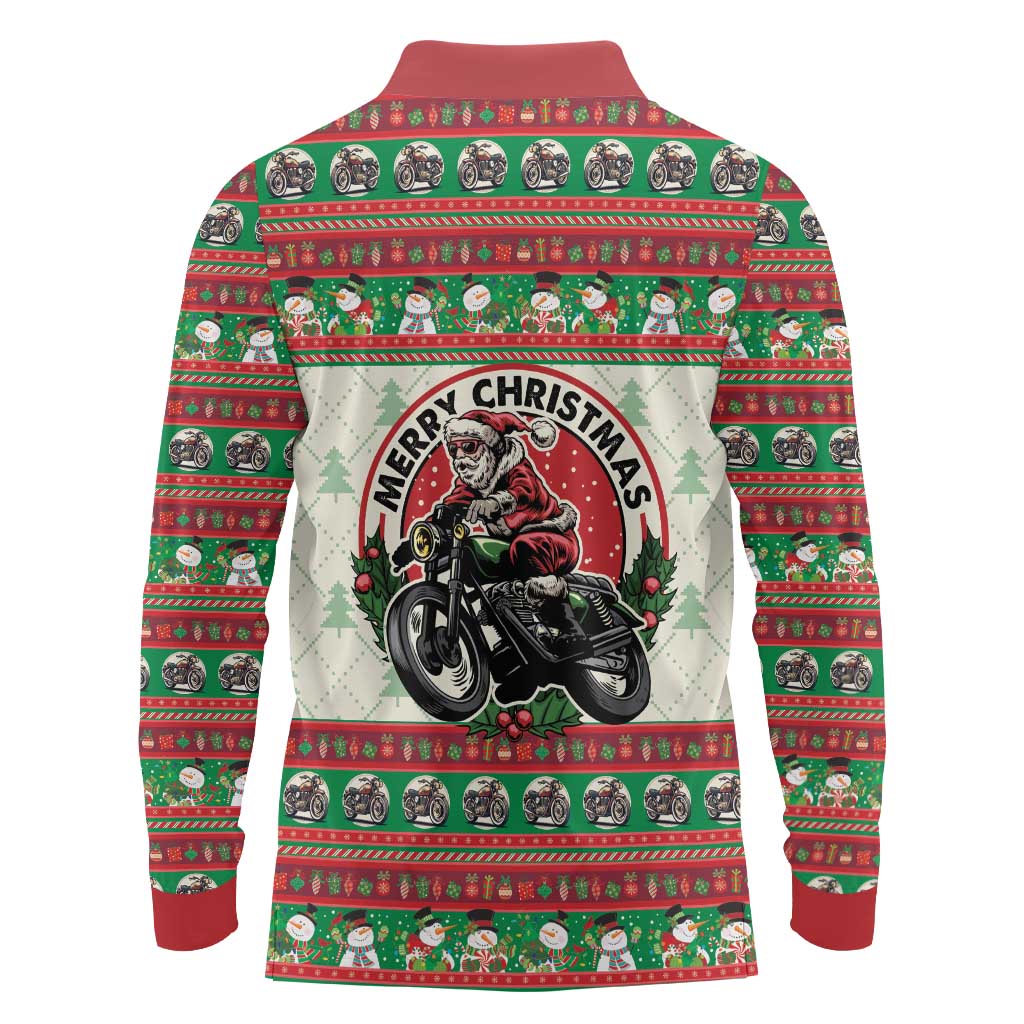 Biker Santa Motorcycle Christmas Long Sleeve Polo Shirt Santa Claus On A Motorcycle - Wonder Print Shop