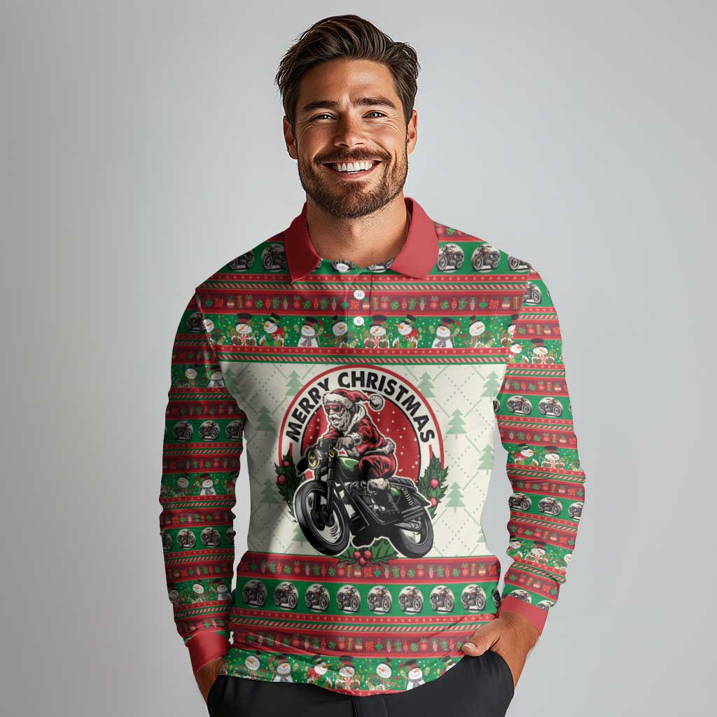 Biker Santa Motorcycle Christmas Long Sleeve Polo Shirt Santa Claus On A Motorcycle - Wonder Print Shop