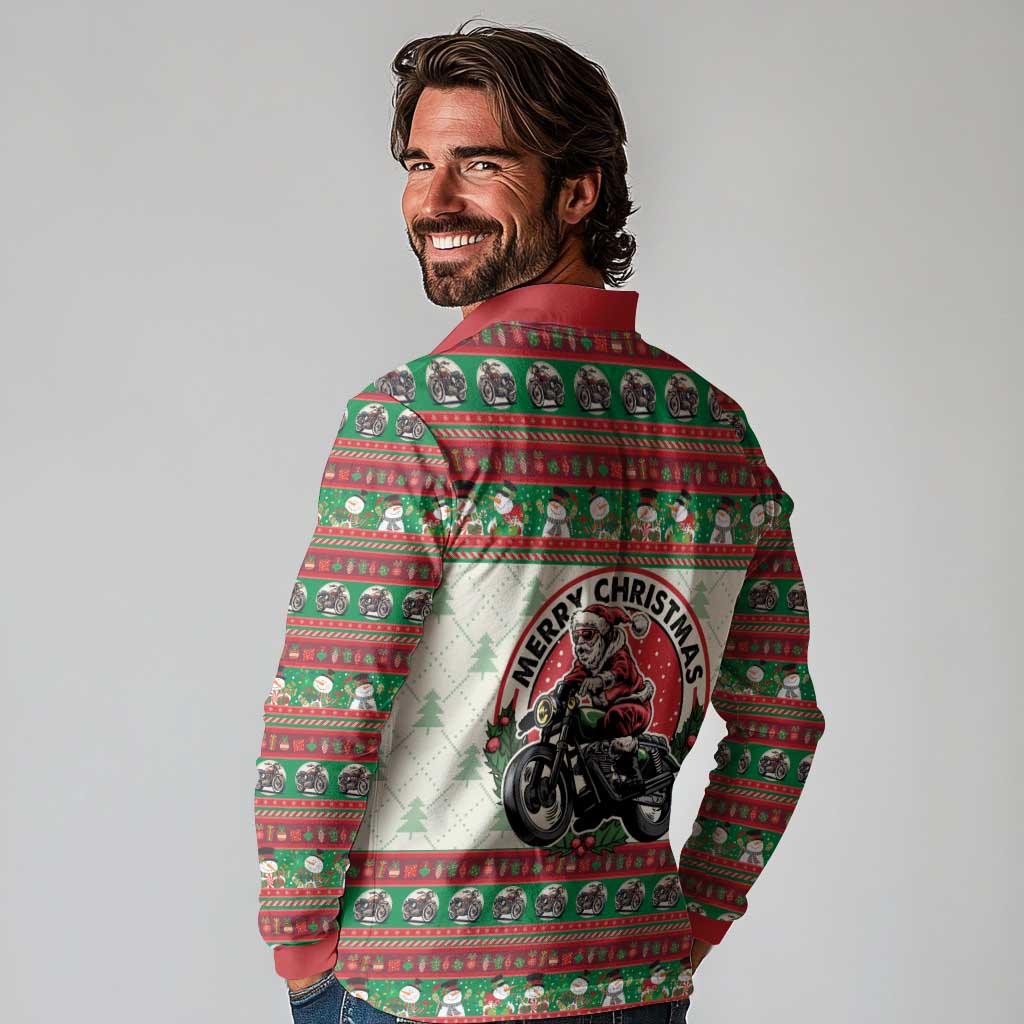 Biker Santa Motorcycle Christmas Long Sleeve Polo Shirt Santa Claus On A Motorcycle - Wonder Print Shop
