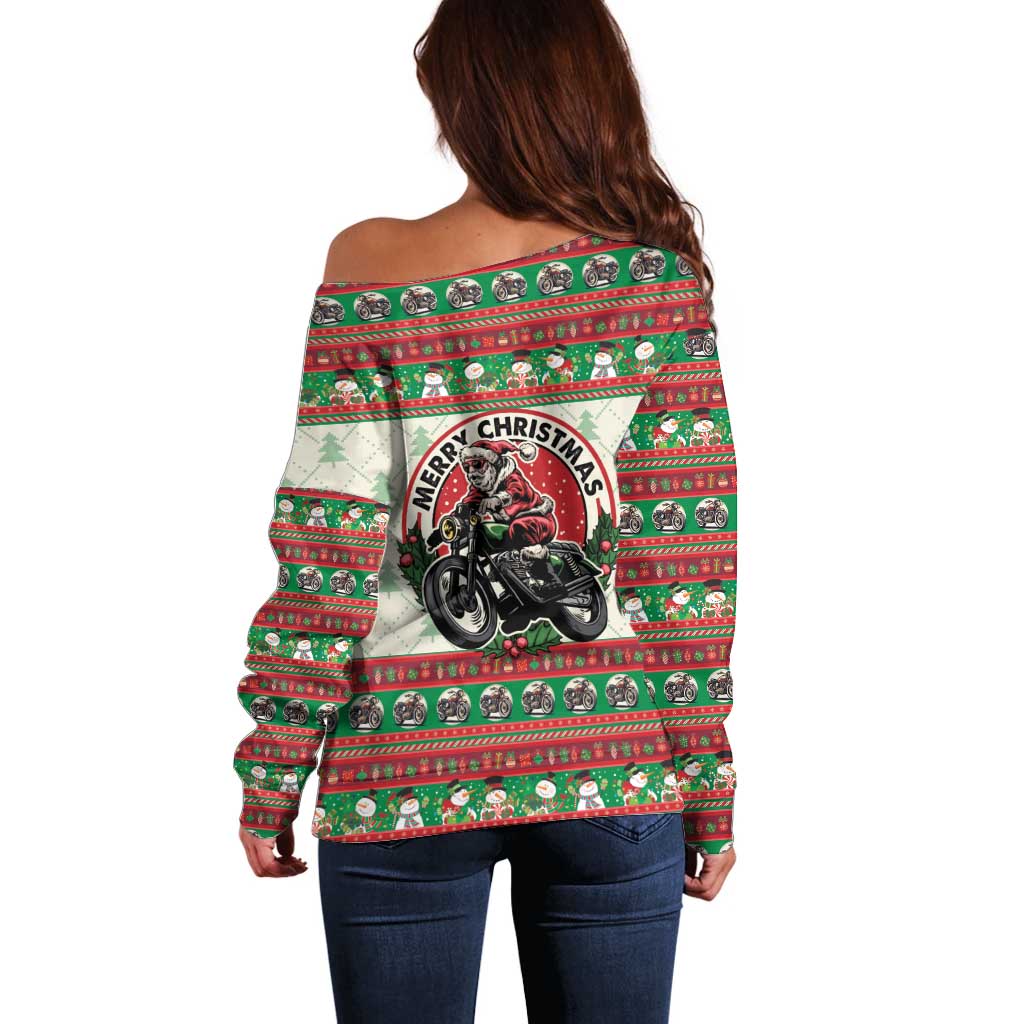 Biker Santa Motorcycle Christmas Off Shoulder Sweater Santa Claus On A Motorcycle - Wonder Print Shop