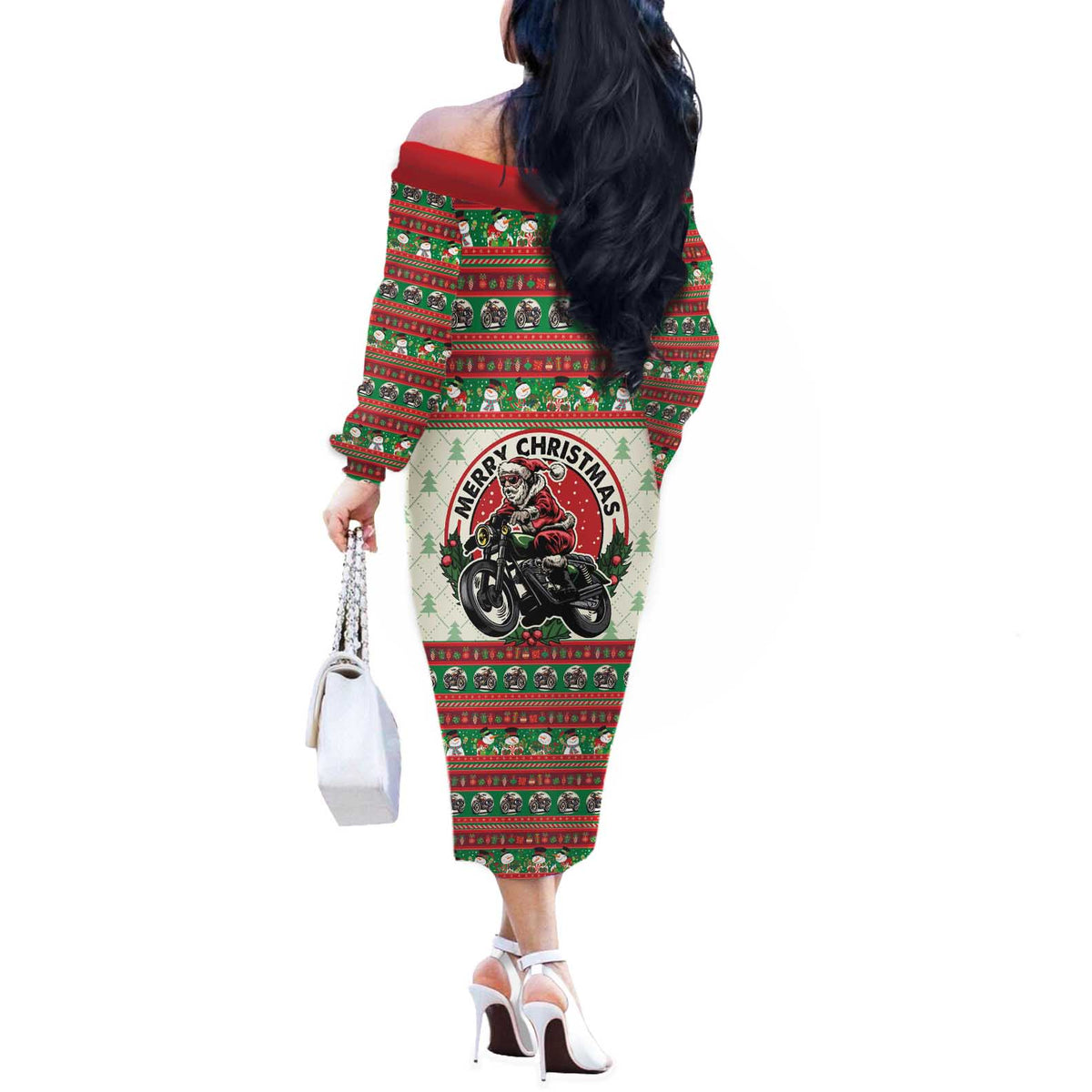 Biker Santa Motorcycle Christmas Off The Shoulder Long Sleeve Dress Santa Claus On A Motorcycle - Wonder Print Shop