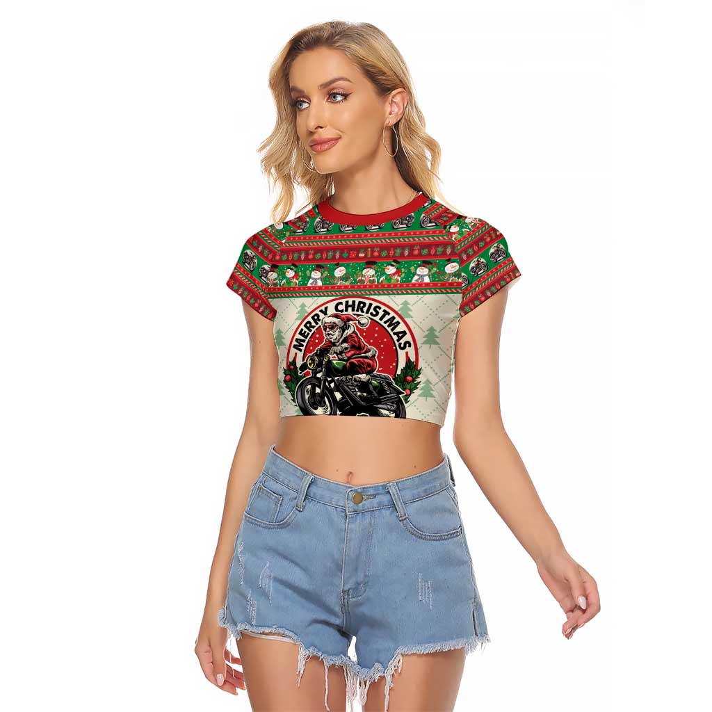 Biker Santa Motorcycle Christmas Raglan Cropped T Shirt Santa Claus On A Motorcycle - Wonder Print Shop