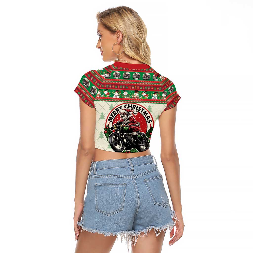 Biker Santa Motorcycle Christmas Raglan Cropped T Shirt Santa Claus On A Motorcycle - Wonder Print Shop