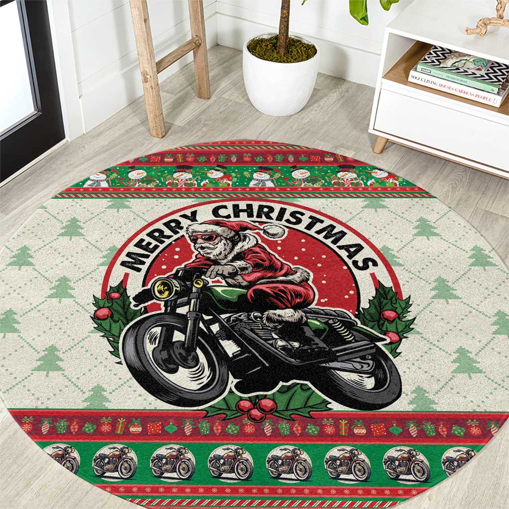 Biker Santa Motorcycle Christmas Round Carpet Santa Claus On A Motorcycle - Wonder Print Shop