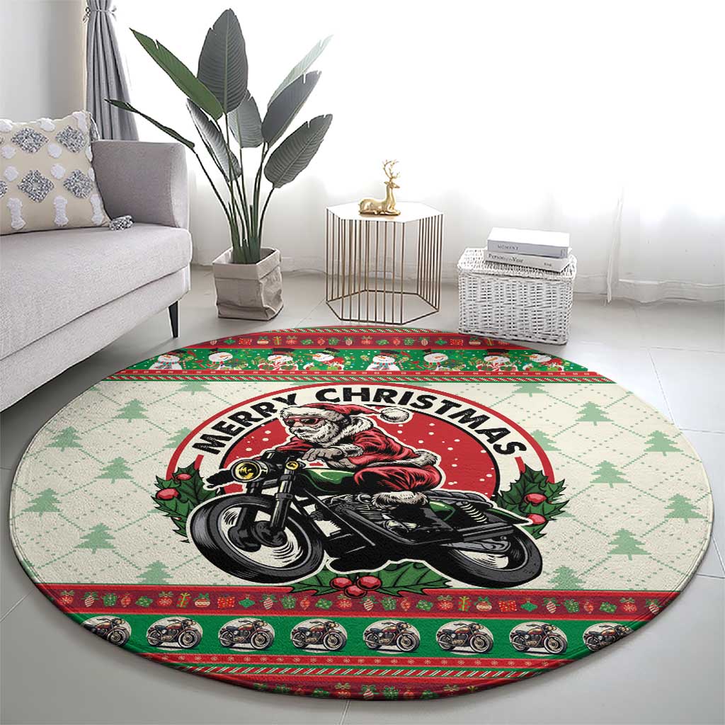 Biker Santa Motorcycle Christmas Round Carpet Santa Claus On A Motorcycle - Wonder Print Shop