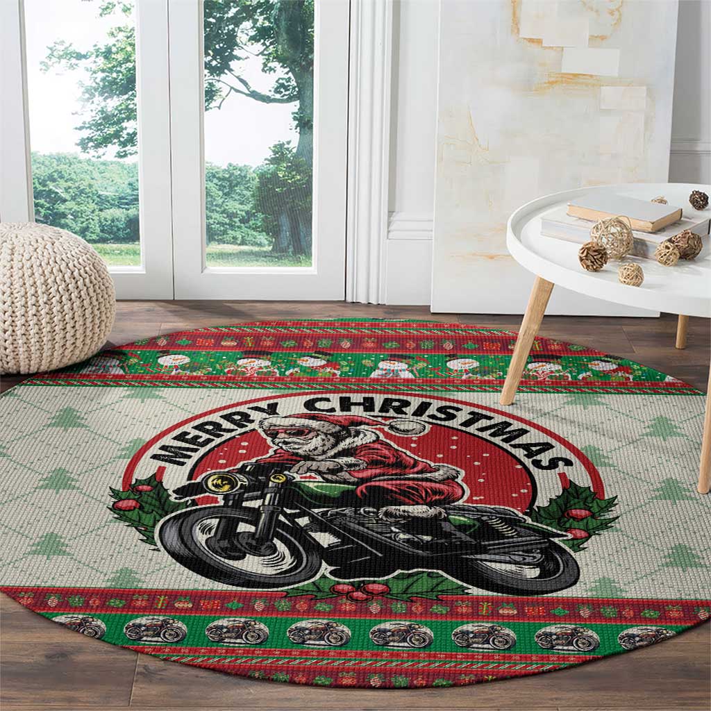 Biker Santa Motorcycle Christmas Round Carpet Santa Claus On A Motorcycle - Wonder Print Shop