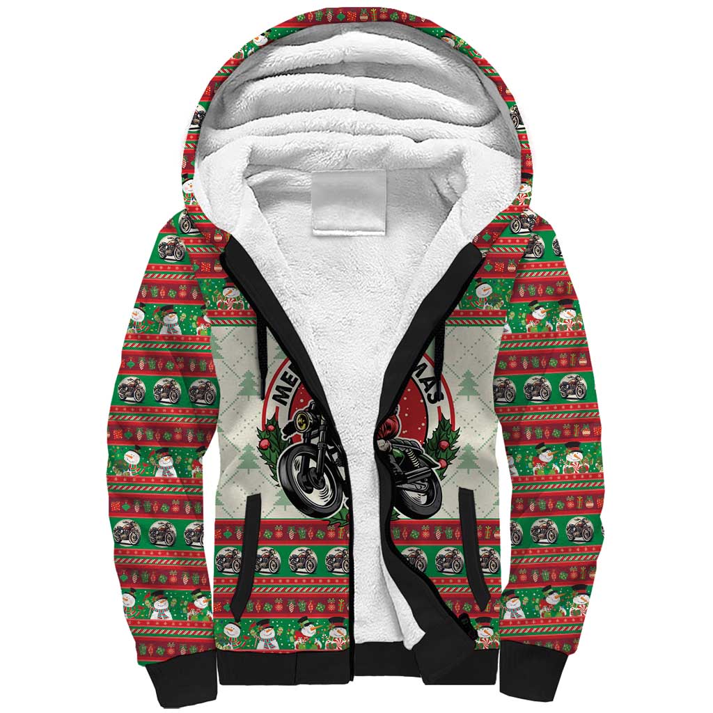 Biker Santa Motorcycle Christmas Sherpa Hoodie Santa Claus On A Motorcycle - Wonder Print Shop