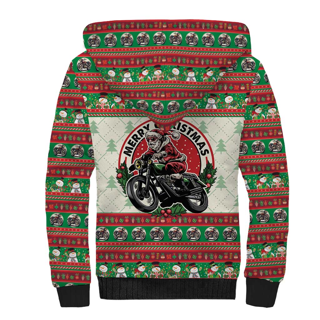 Biker Santa Motorcycle Christmas Sherpa Hoodie Santa Claus On A Motorcycle - Wonder Print Shop