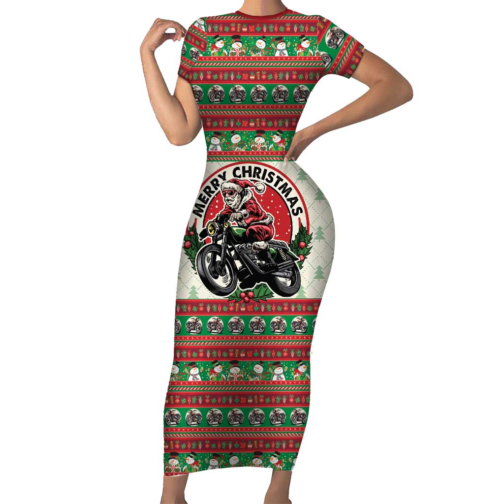 Biker Santa Motorcycle Christmas Short Sleeve Bodycon Dress Santa Claus On A Motorcycle - Wonder Print Shop