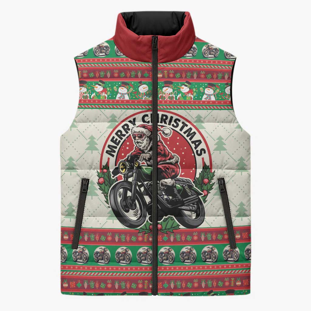 Biker Santa Motorcycle Christmas Sleeveless Puffer Jacket Santa Claus On A Motorcycle - Wonder Print Shop