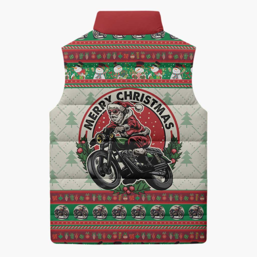 Biker Santa Motorcycle Christmas Sleeveless Puffer Jacket Santa Claus On A Motorcycle - Wonder Print Shop