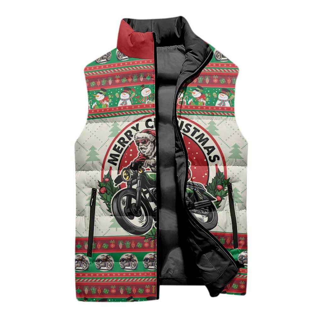 Biker Santa Motorcycle Christmas Sleeveless Puffer Jacket Santa Claus On A Motorcycle - Wonder Print Shop
