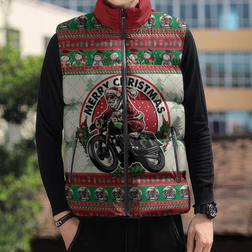 Biker Santa Motorcycle Christmas Sleeveless Puffer Jacket Santa Claus On A Motorcycle - Wonder Print Shop