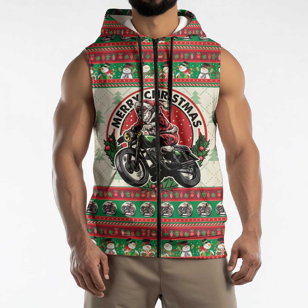 Biker Santa Motorcycle Christmas Sleeveless Zip Hoodie Santa Claus On A Motorcycle - Wonder Print Shop