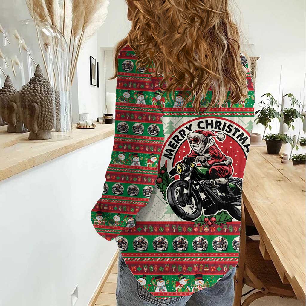 Biker Santa Motorcycle Christmas Women Casual Shirt Santa Claus On A Motorcycle - Wonder Print Shop