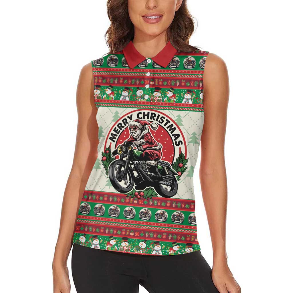 Biker Santa Motorcycle Christmas Women Sleeveless Polo Shirt Santa Claus On A Motorcycle - Wonder Print Shop