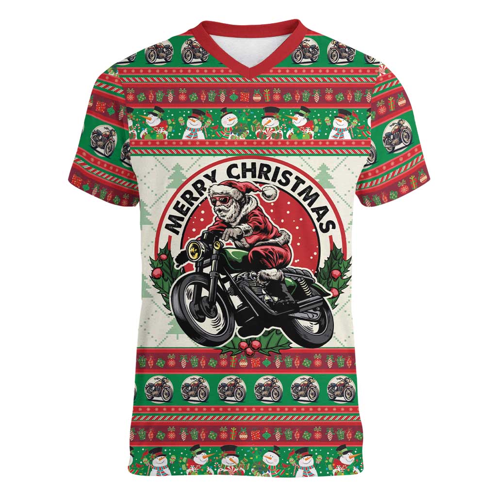 Biker Santa Motorcycle Christmas Women V-Neck T-Shirt Santa Claus On A Motorcycle - Wonder Print Shop