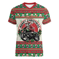 Biker Santa Motorcycle Christmas Women V-Neck T-Shirt Santa Claus On A Motorcycle - Wonder Print Shop