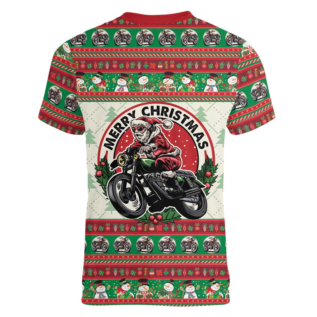 Biker Santa Motorcycle Christmas Women V-Neck T-Shirt Santa Claus On A Motorcycle - Wonder Print Shop