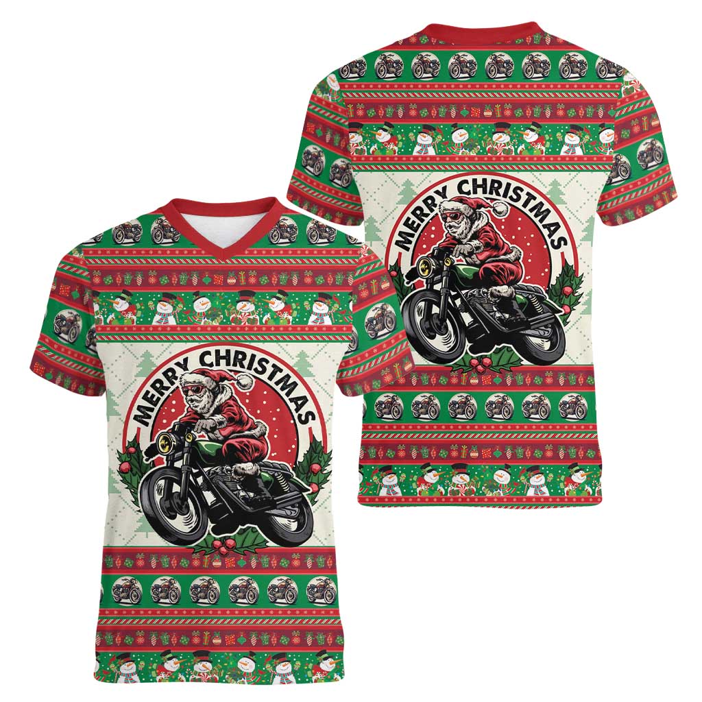 Biker Santa Motorcycle Christmas Women V-Neck T-Shirt Santa Claus On A Motorcycle - Wonder Print Shop