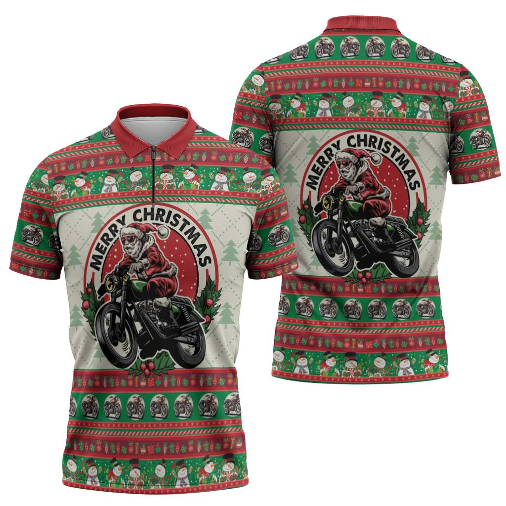 Biker Santa Motorcycle Christmas Zipper Polo Shirt Santa Claus On A Motorcycle - Wonder Print Shop