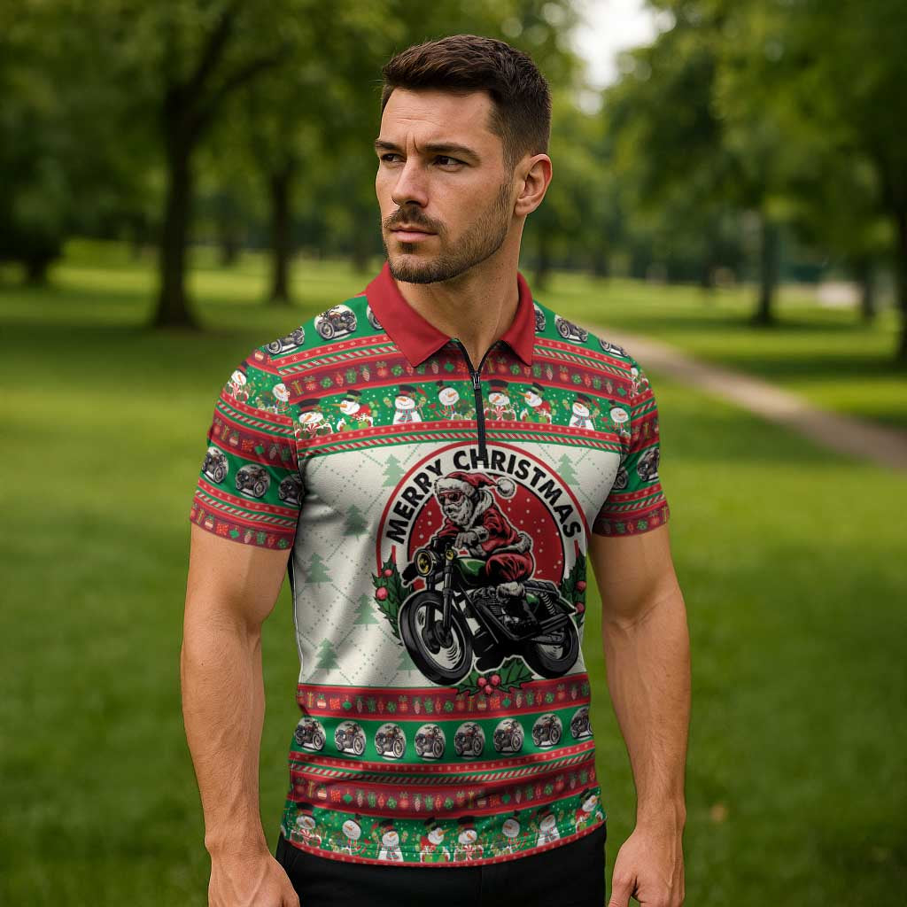 Biker Santa Motorcycle Christmas Zipper Polo Shirt Santa Claus On A Motorcycle - Wonder Print Shop