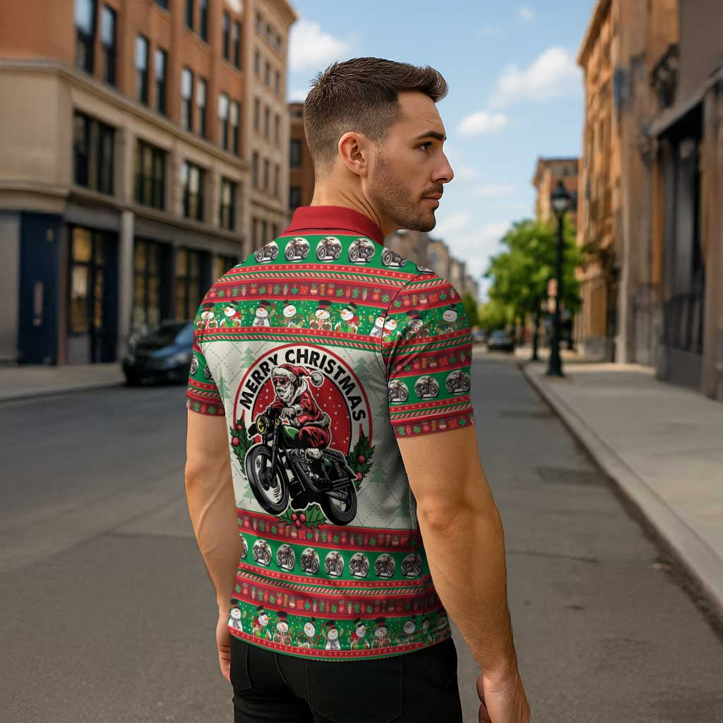 Biker Santa Motorcycle Christmas Zipper Polo Shirt Santa Claus On A Motorcycle - Wonder Print Shop
