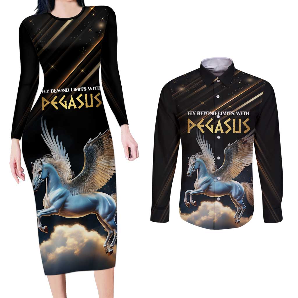 Personalized Fly Beyond Limits With Pegasus Couples Matching Long Sleeve Bodycon Dress and Long Sleeve Button Shirt