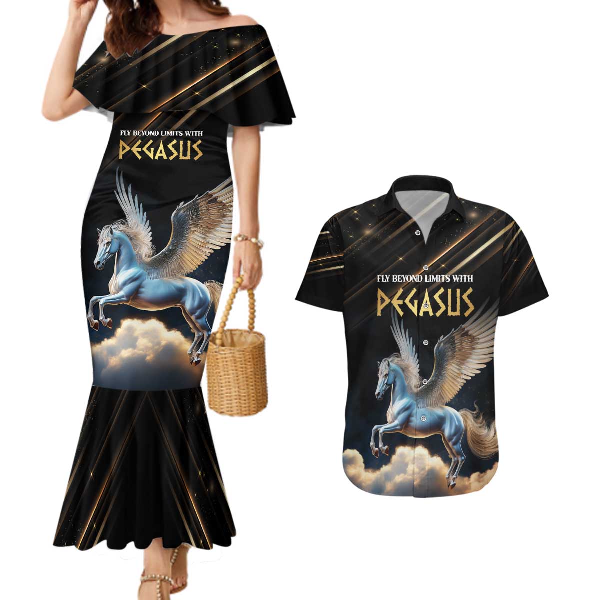 Personalized Fly Beyond Limits With Pegasus Couples Matching Mermaid Dress and Hawaiian Shirt